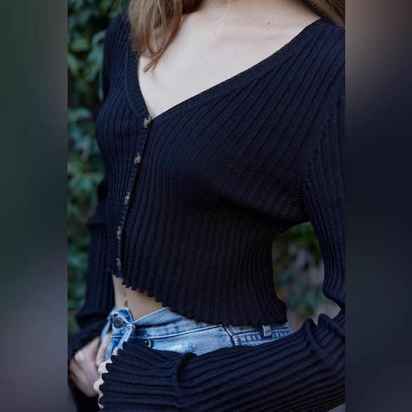 Urban Outfitters Ribbed Ruffle Cardigan Black Size M - Picture 11 of 15